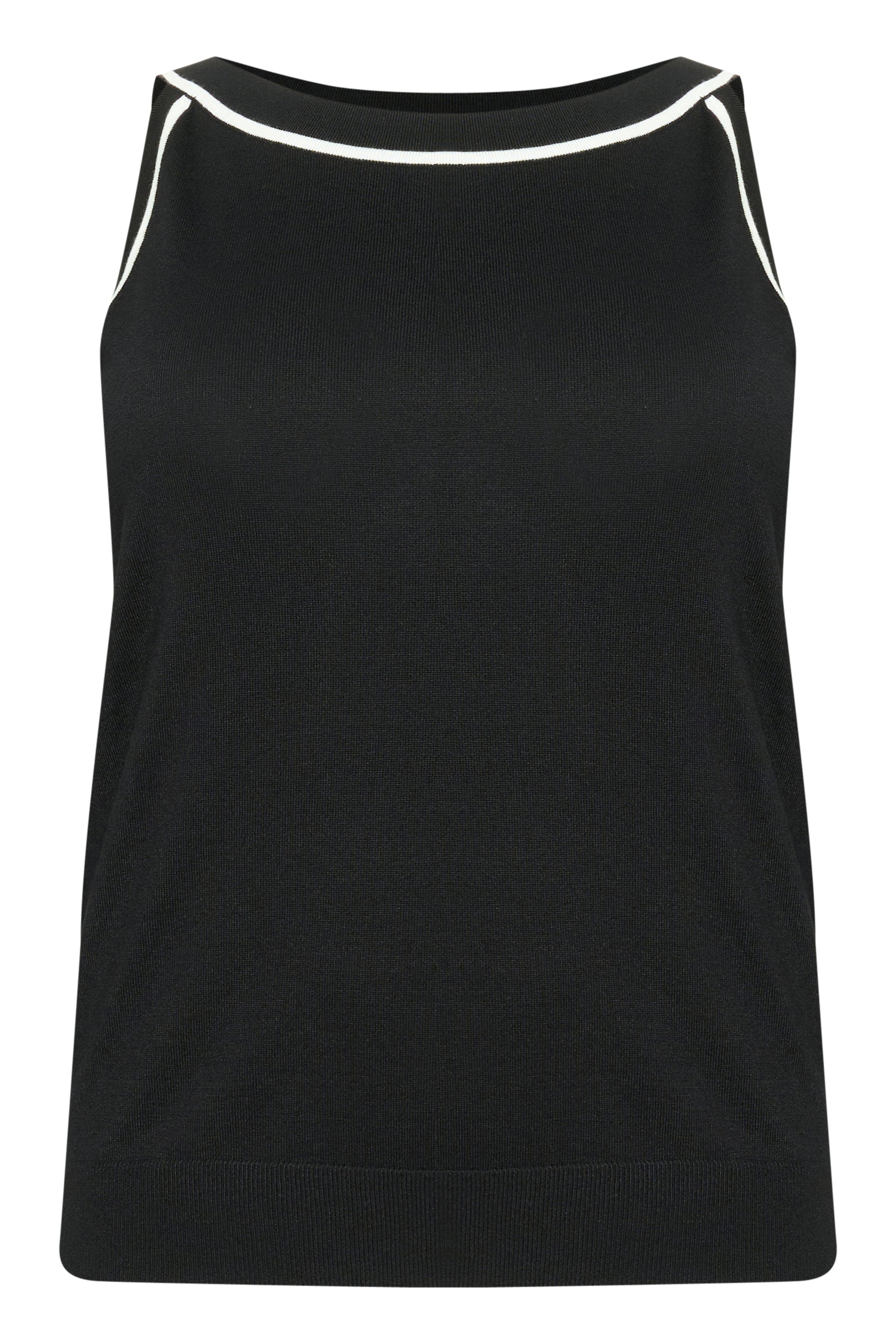 Black tank top with white trim on a white background