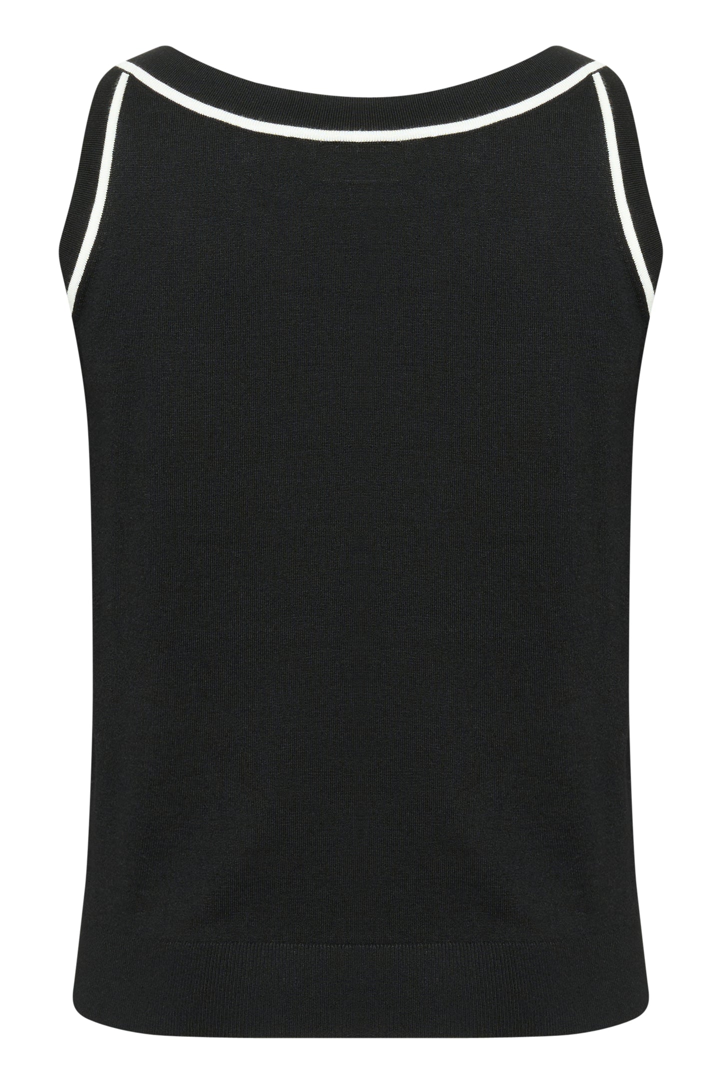 Back of a Black tank top with white trim on a white background