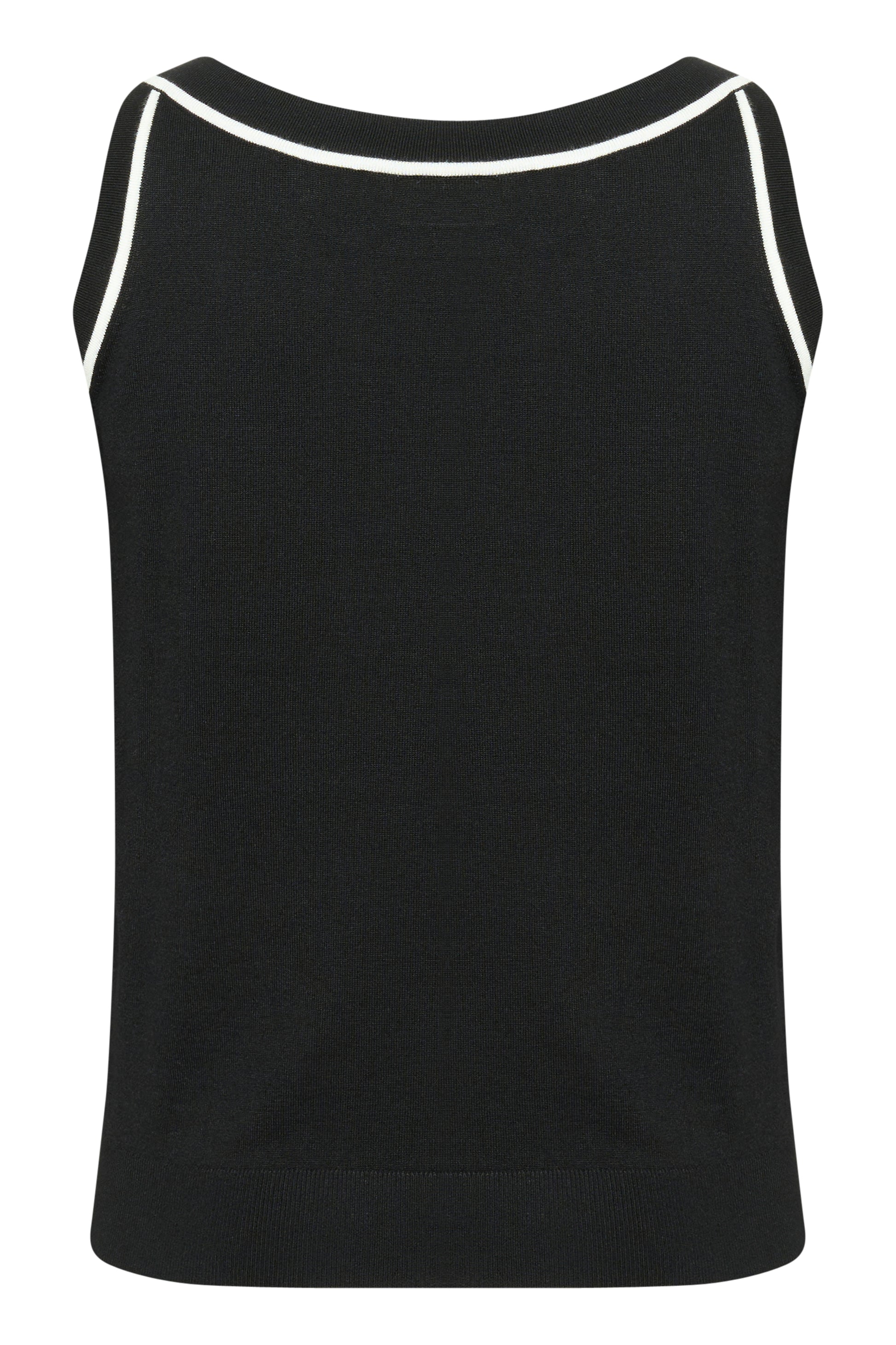 Back of a Black tank top with white trim on a white background