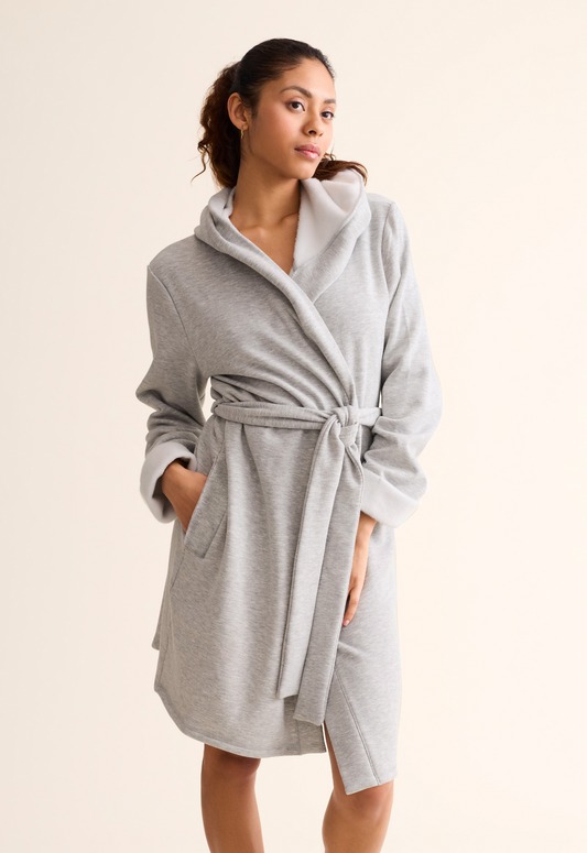 Front view of Cozy Hooded Robe in Heather Grey with belt and hood