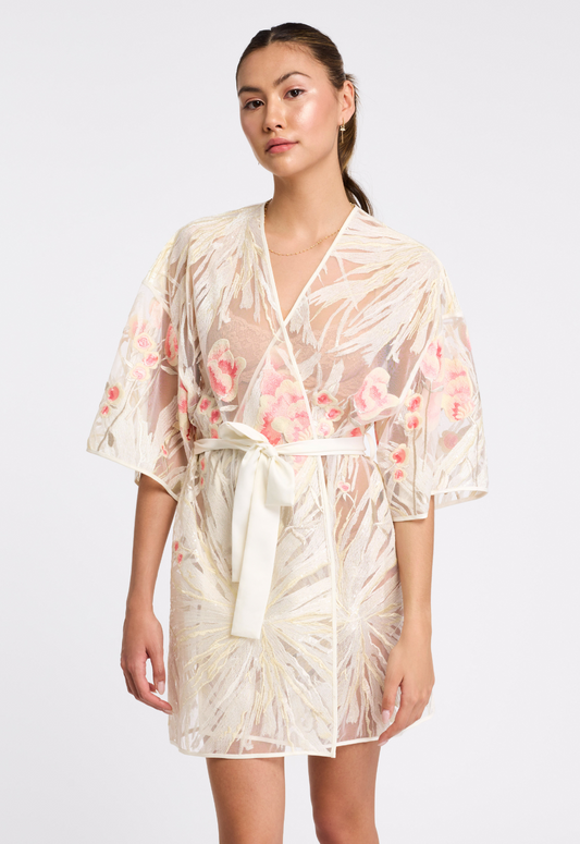 Rya Collection Tamera Embroidered Floral Tulle Cover Up with Charmeuse Belt