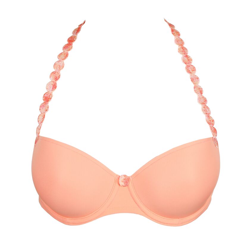 Peach-colored bikini top with beaded straps on a white background