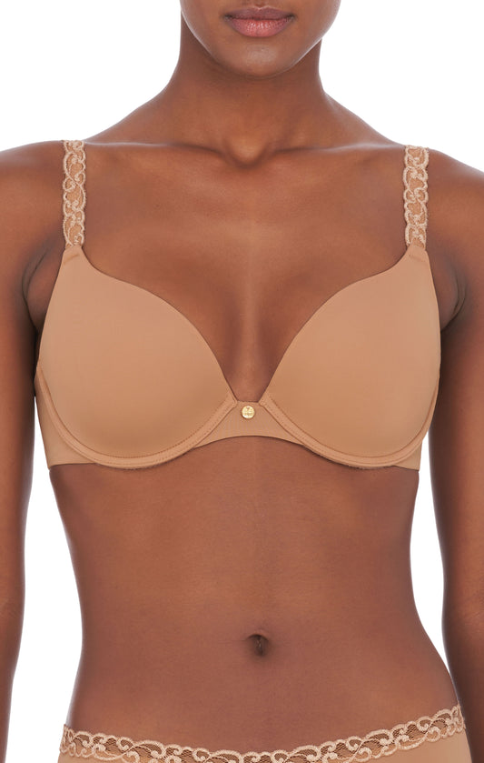 Natori Pure Luxe Push-Up Bra with sweetheart neckline, lace strap trim, and gold crest – available at Pinned Up Bra Lounge