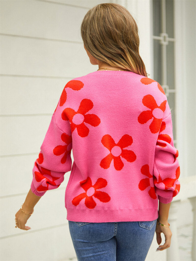 Retro Flora Sweater Pullover – Pink/Orange
