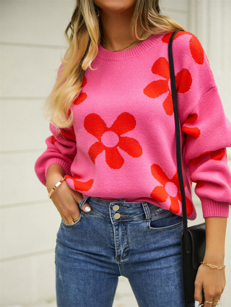 Retro Flora Sweater Pullover – Pink/Orange