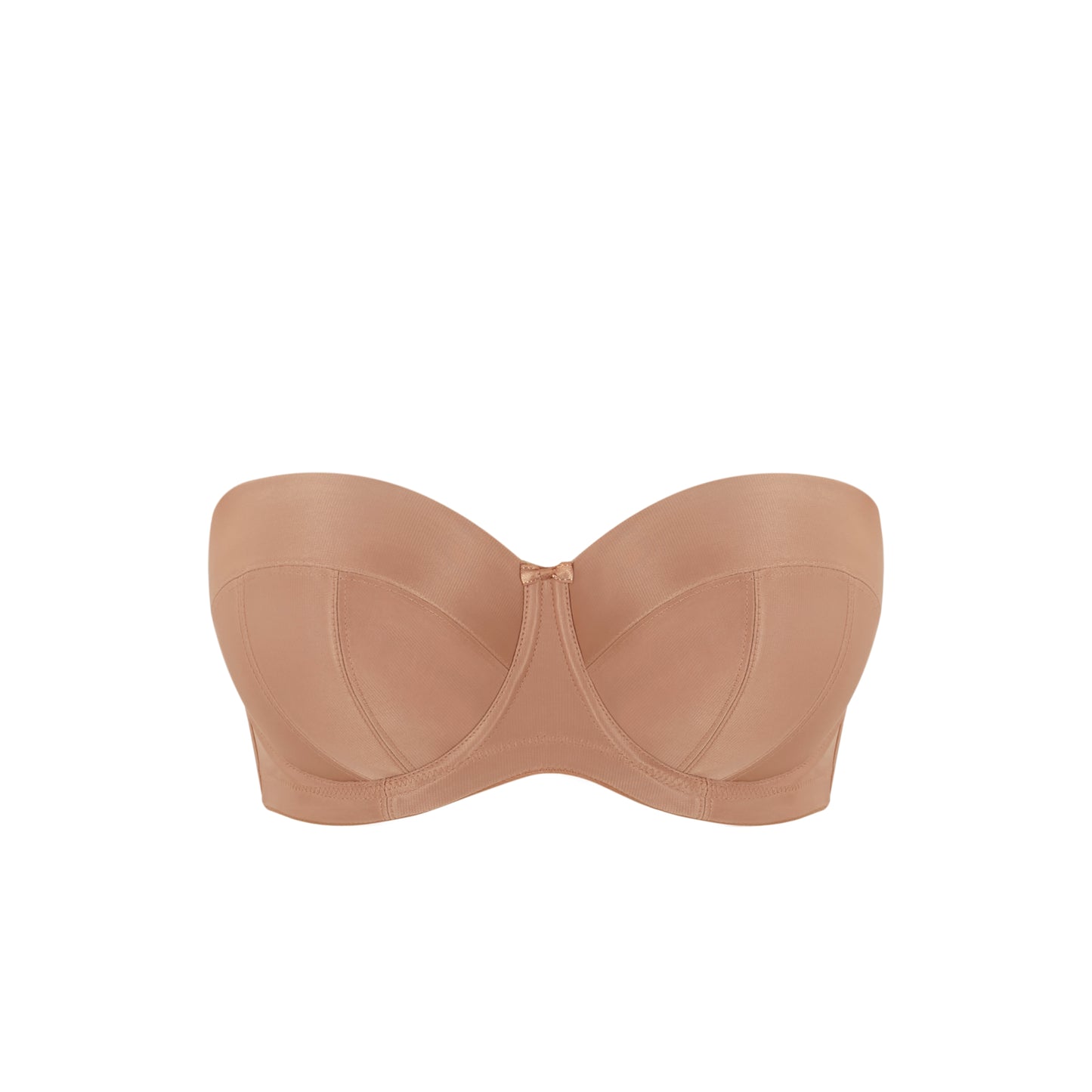 Beige strapless bra on a white background