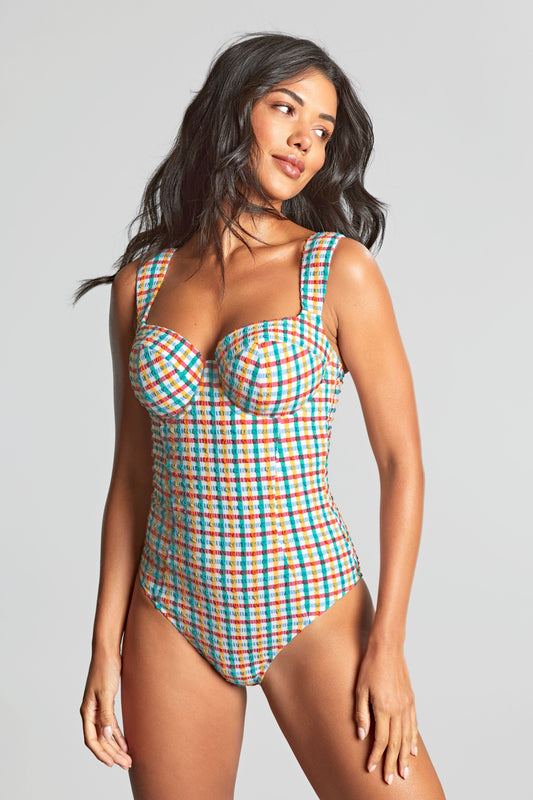 Monica Seersucker Balcony Swimsuit front view – multicoloured retro swimwear