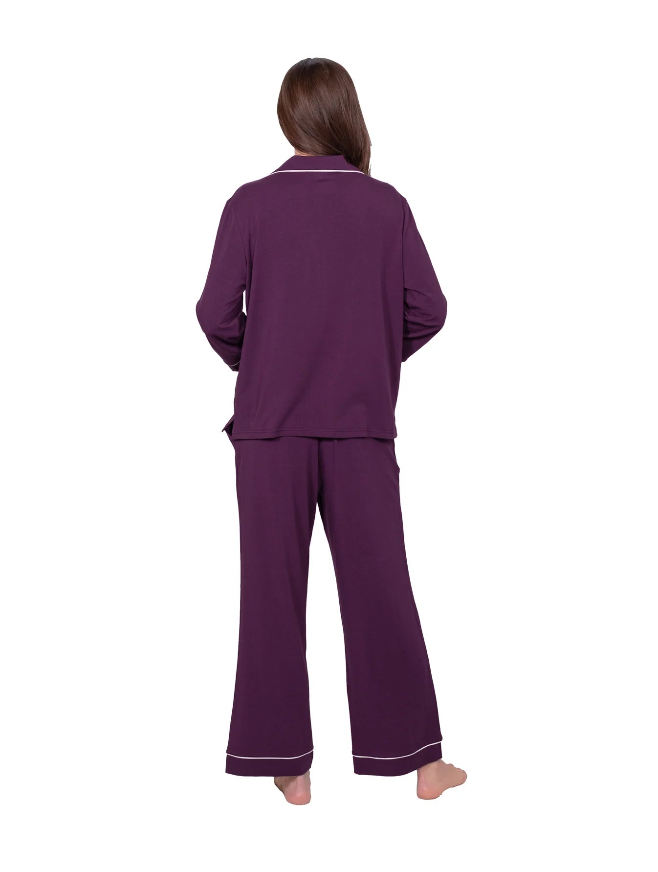 Long Sleeve Notch Collar Pajama Set with Contrast Piping
