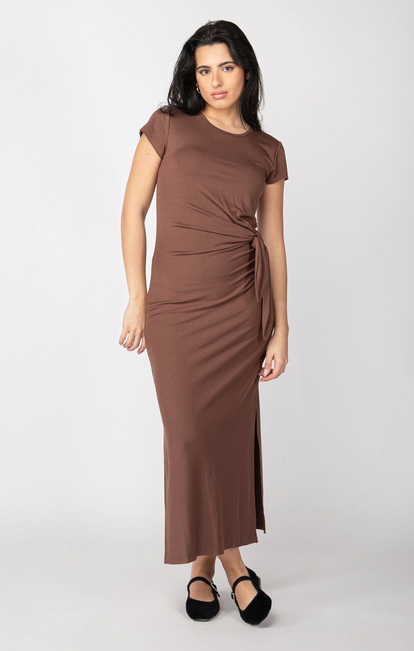 Short Sleeve Midi Dress with Knot Detail (Cocoa)