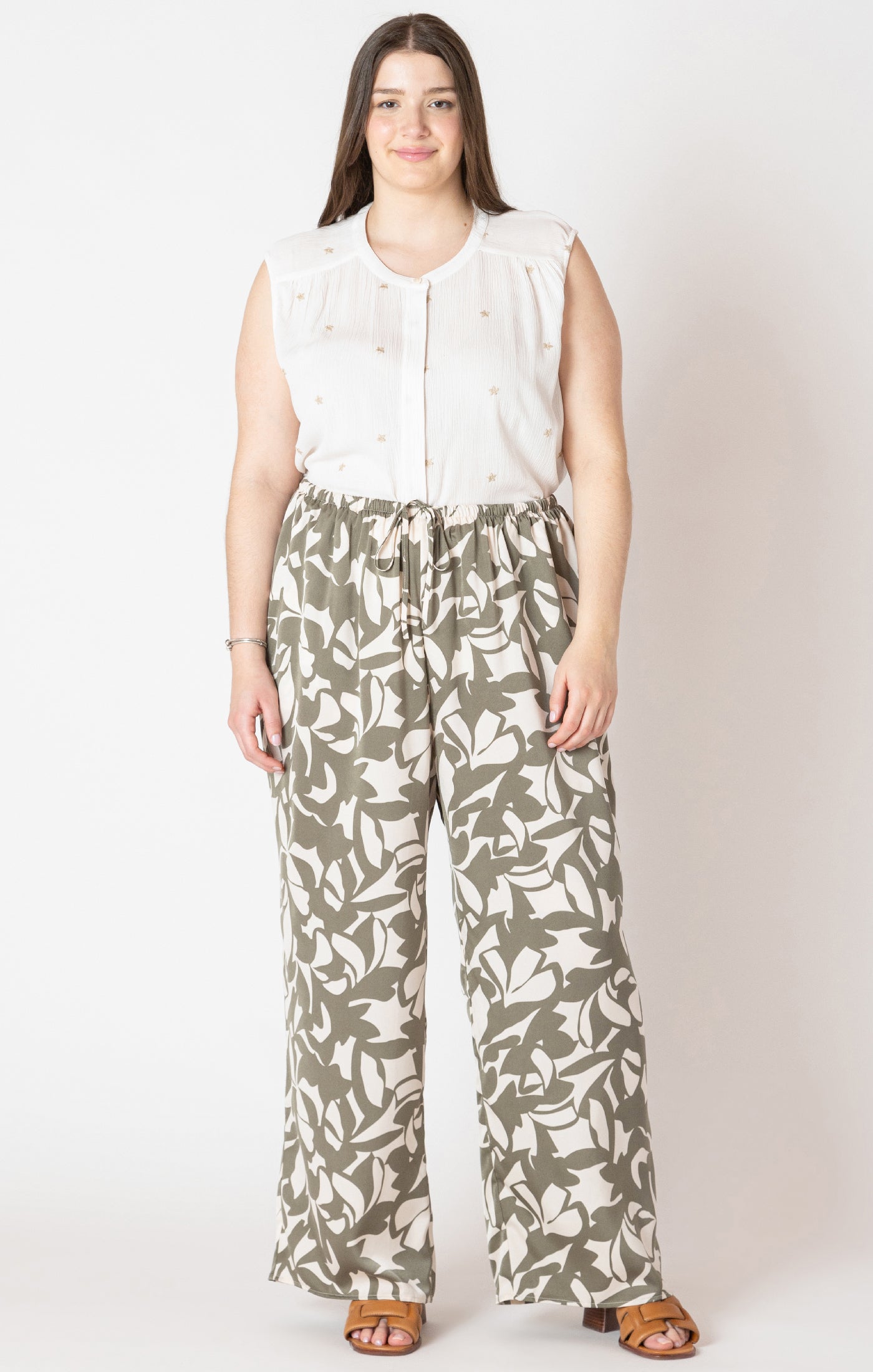 Satin Bloom Wide Leg Pants – Cream/Sage Floral