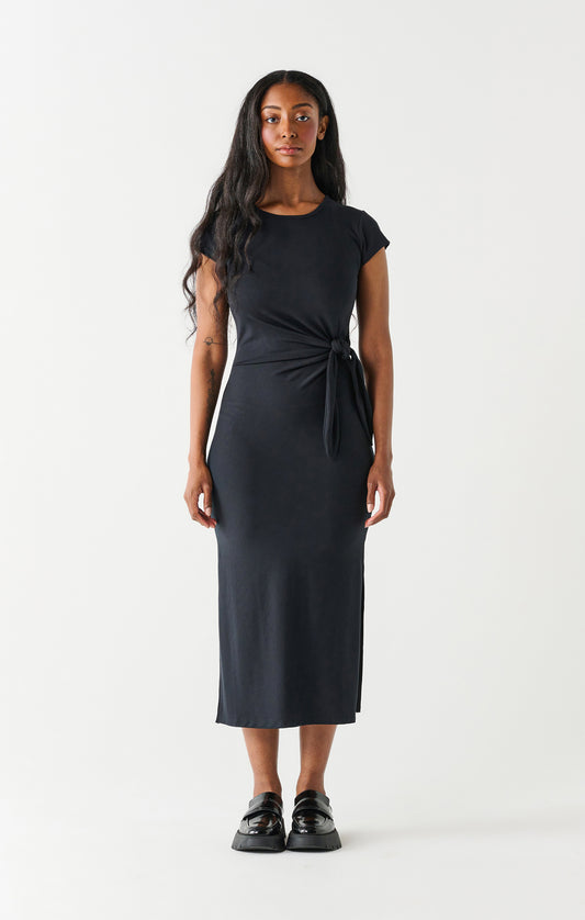 Short Sleeve Midi Dress with Knot Detail (Black/Small to XL)