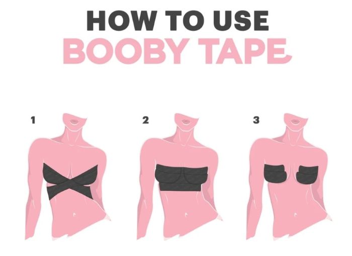 Diagram of ways to tape yourself with Booby Tape. Booby Tape Available at Pinned Up Bra Lounge