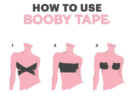 Diagram of ways to tape yourself with Booby Tape. Booby Tape Available at Pinned Up Bra Lounge