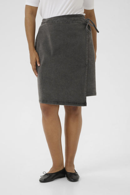 Front view of Sina Denim Wrap Skirt showing adjustable wrap tie.