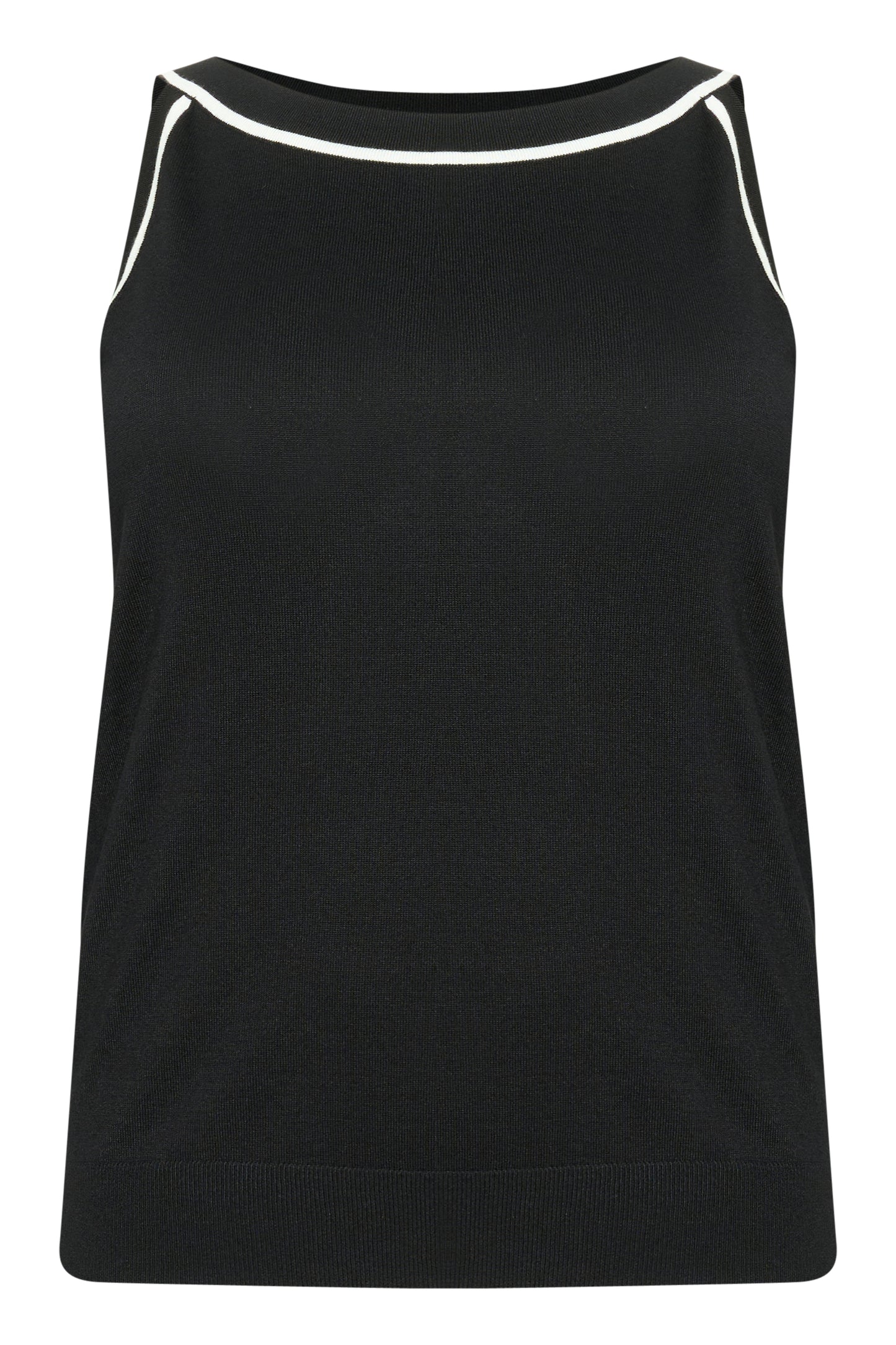 Black tank top with white trim on a white background