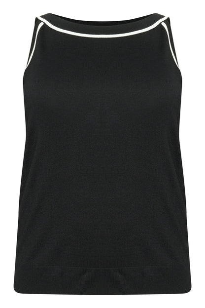 Black tank top with white trim on a white background
