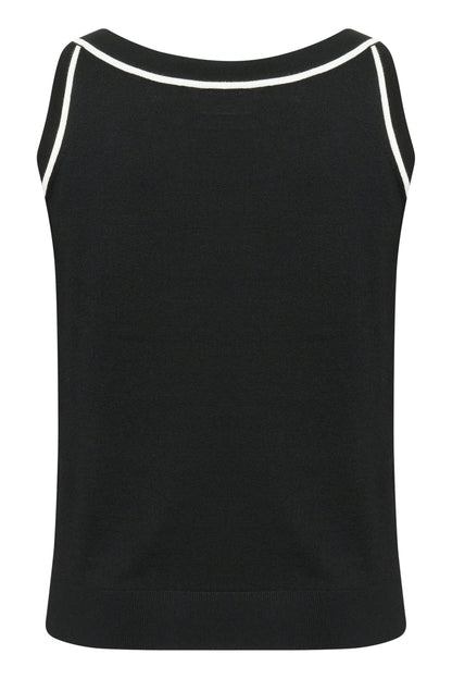 Back of a Black tank top with white trim on a white background