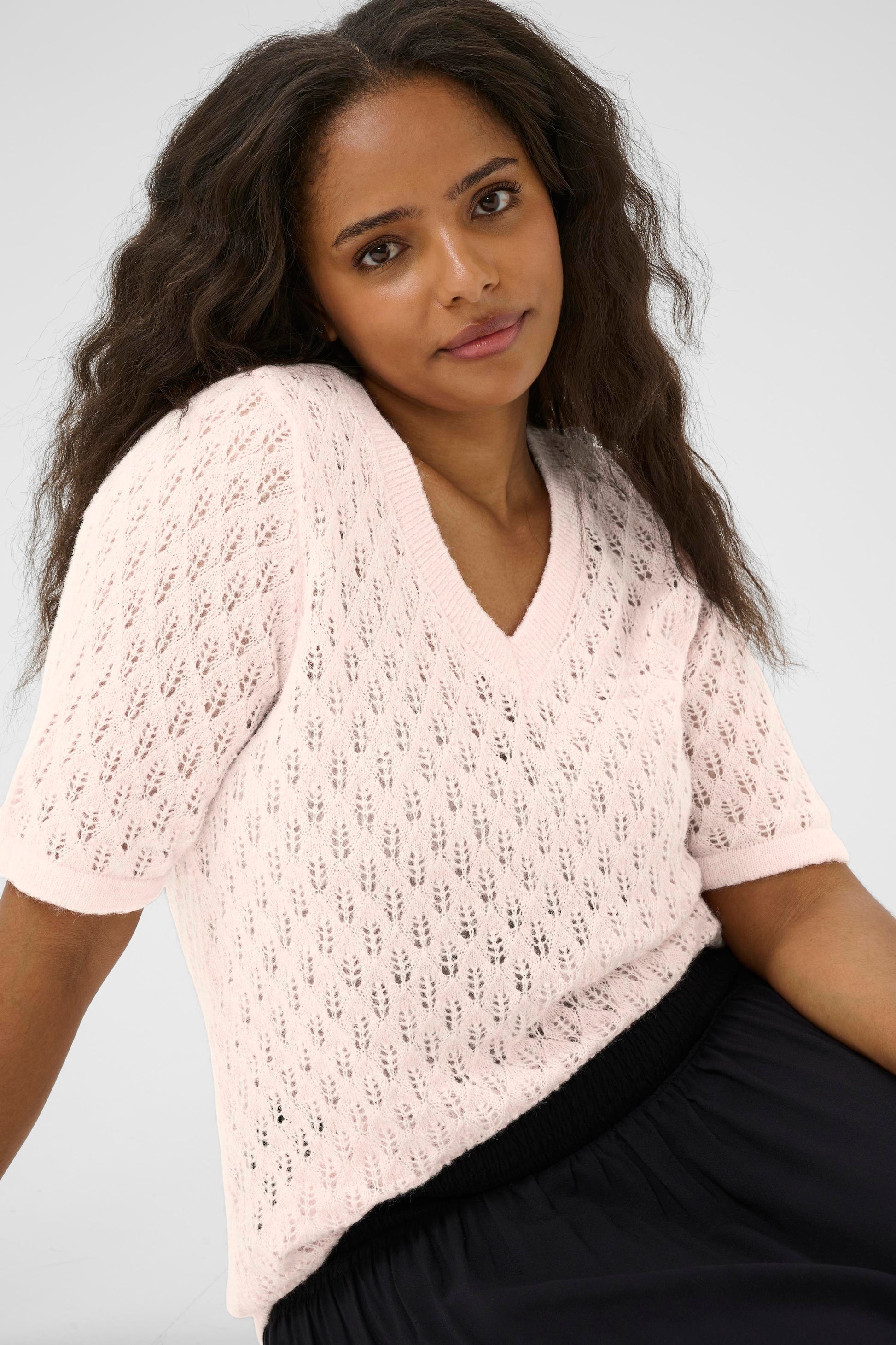 KCloura Pullover Plus Size V-Neck Knit Top with openwork short sleeves – casual layering essential.