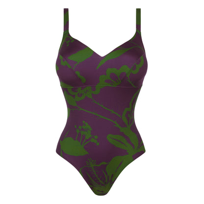 Ghost shot of BLOOM V-neck one-piece swimsuit in purple and green floral print with adjustable straps.