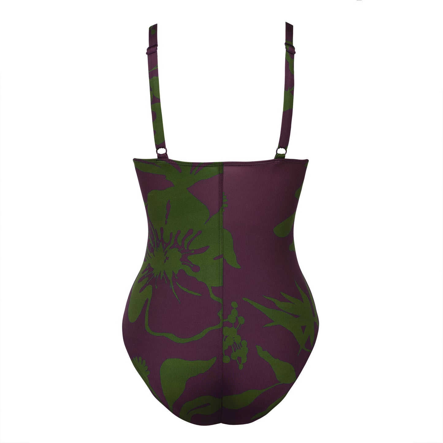 Back Ghost Shot of BLOOM V-neck one-piece swimsuit in purple and green floral print with adjustable straps.