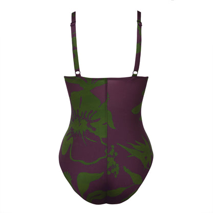 Back Ghost Shot of BLOOM V-neck one-piece swimsuit in purple and green floral print with adjustable straps.