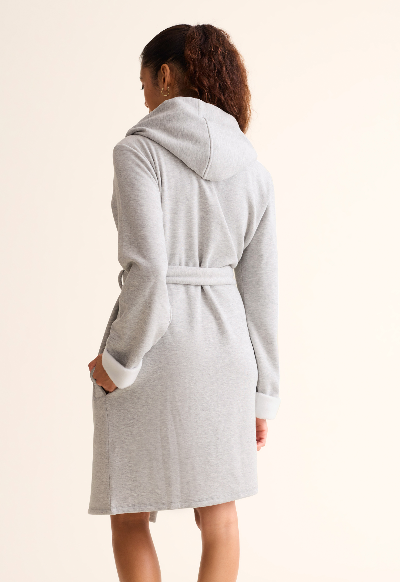 Back view of Cozy Hooded Robe with tie belt in Heather Grey