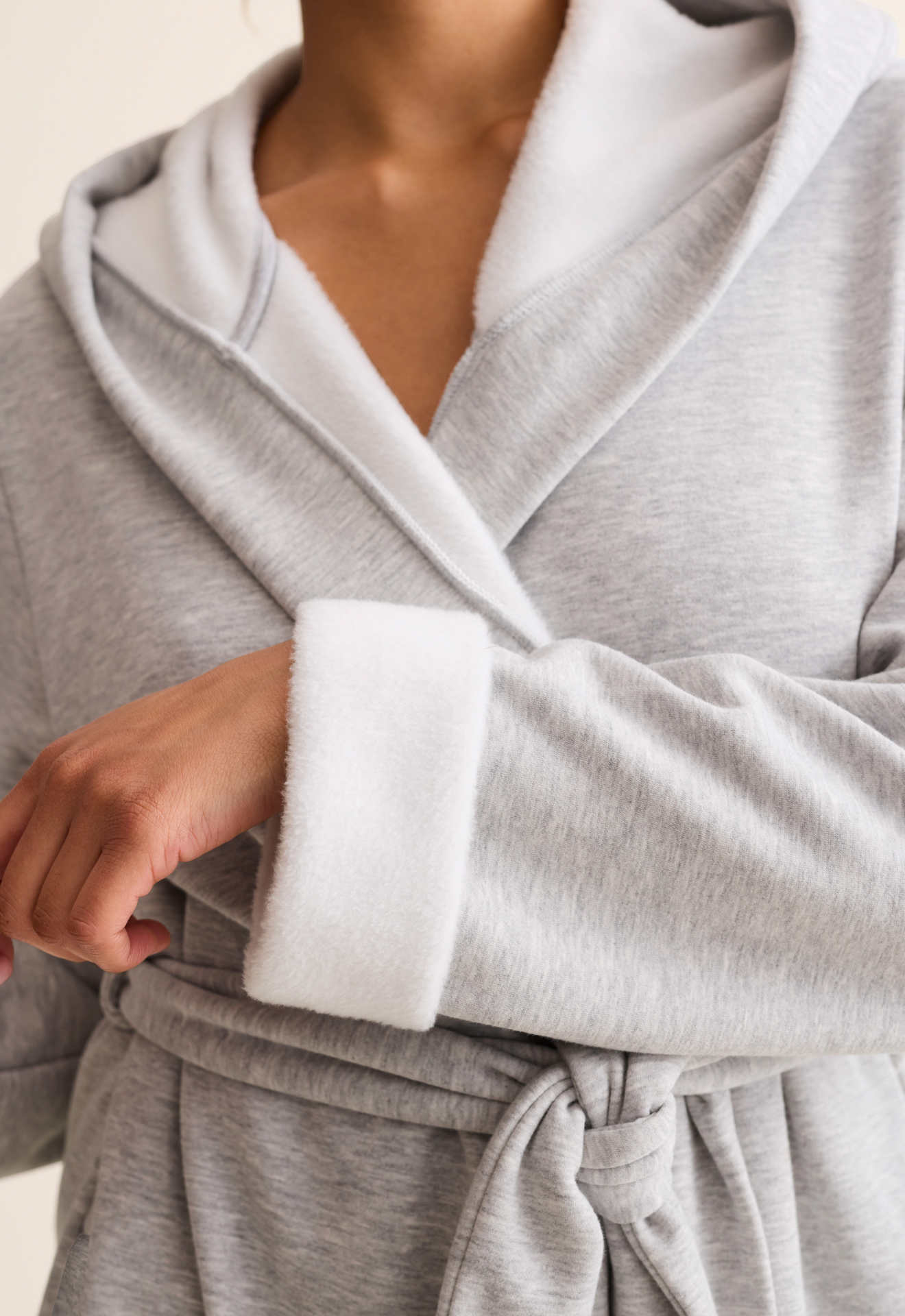 Close-up of plush terry fabric lining on Cozy Hooded Robe cuff