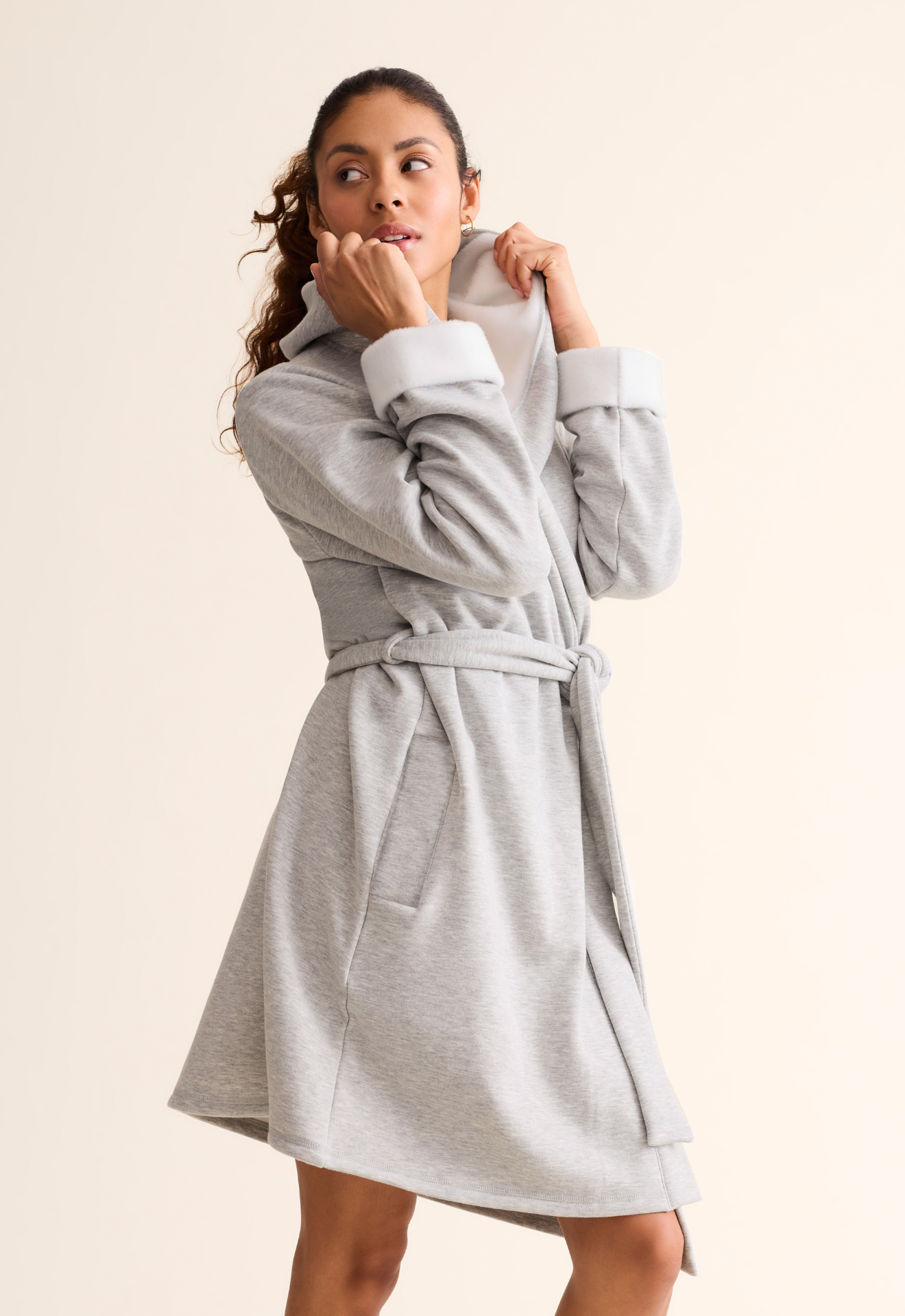 Side view of Cozy Hooded Robe with plush terry lining visible on collar and cuffs