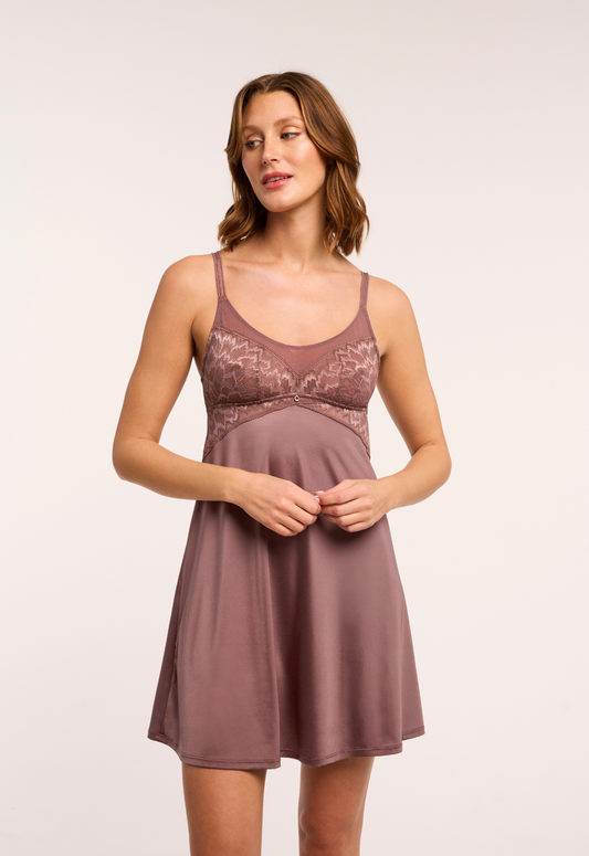 Woodrose Bust Support Chemise in shimmery microfiber with lace cups and A-line skirt