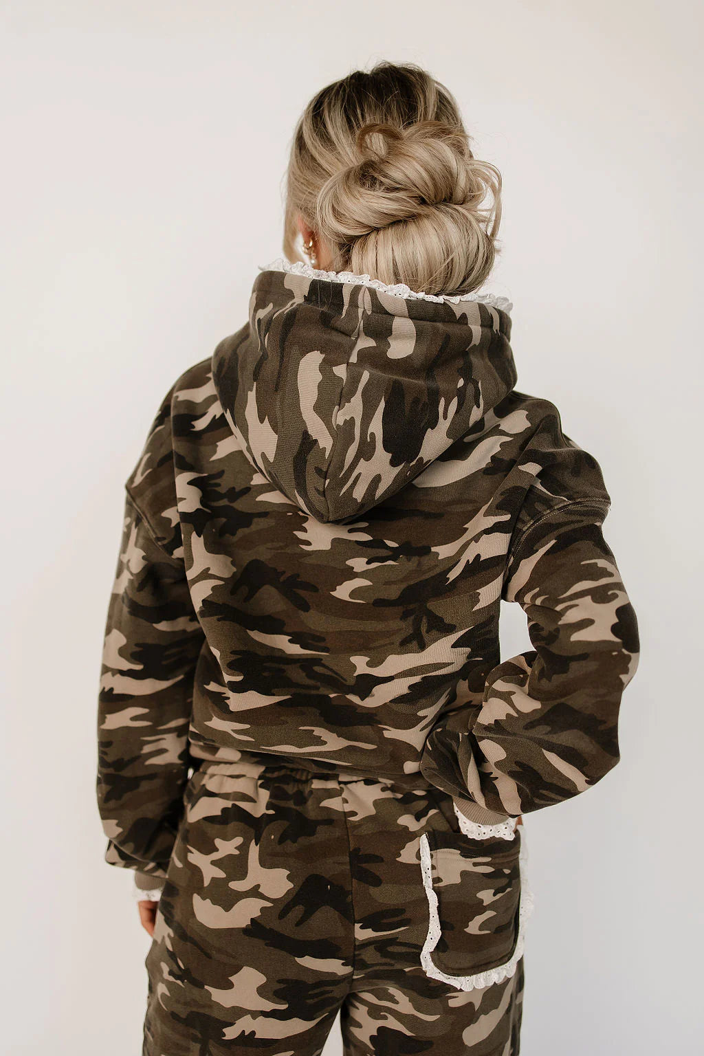 Back view of camo hoodie with lace details on hood and pockets (ships approx Nov 25)