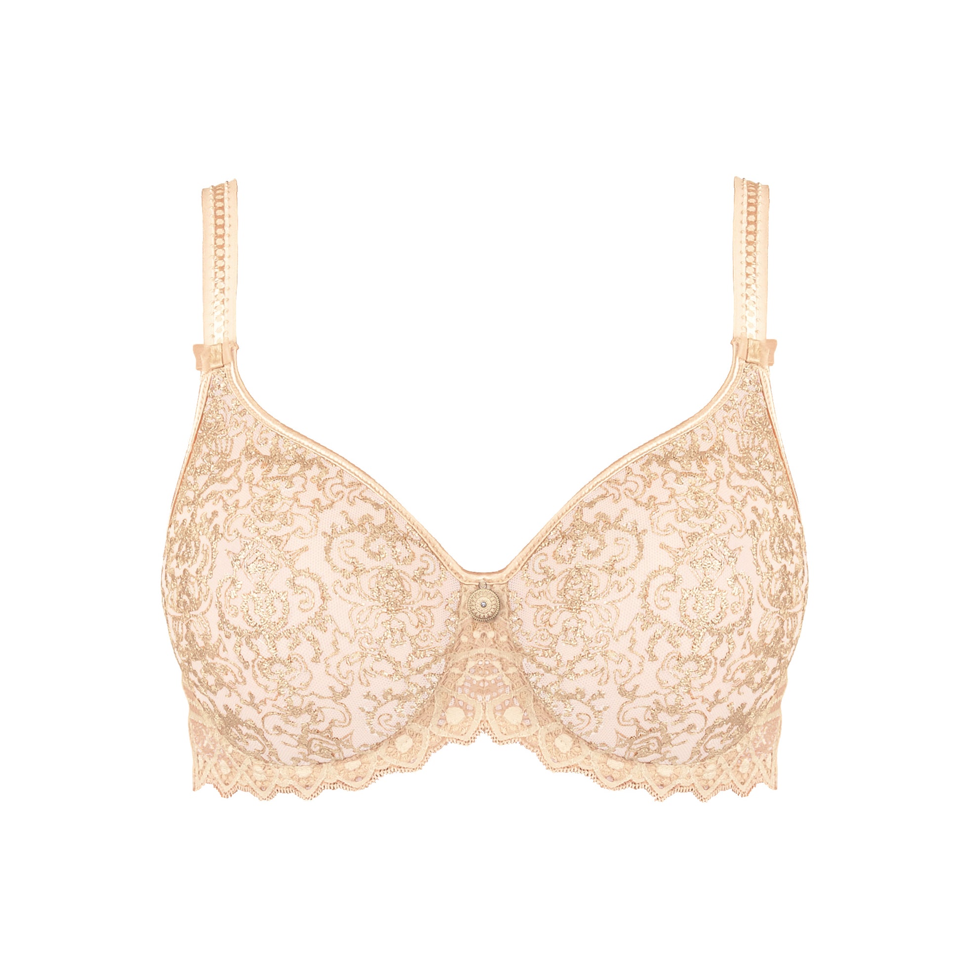 Beige lace bra on a white background