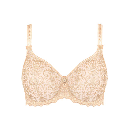 Beige lace bra on a white background
