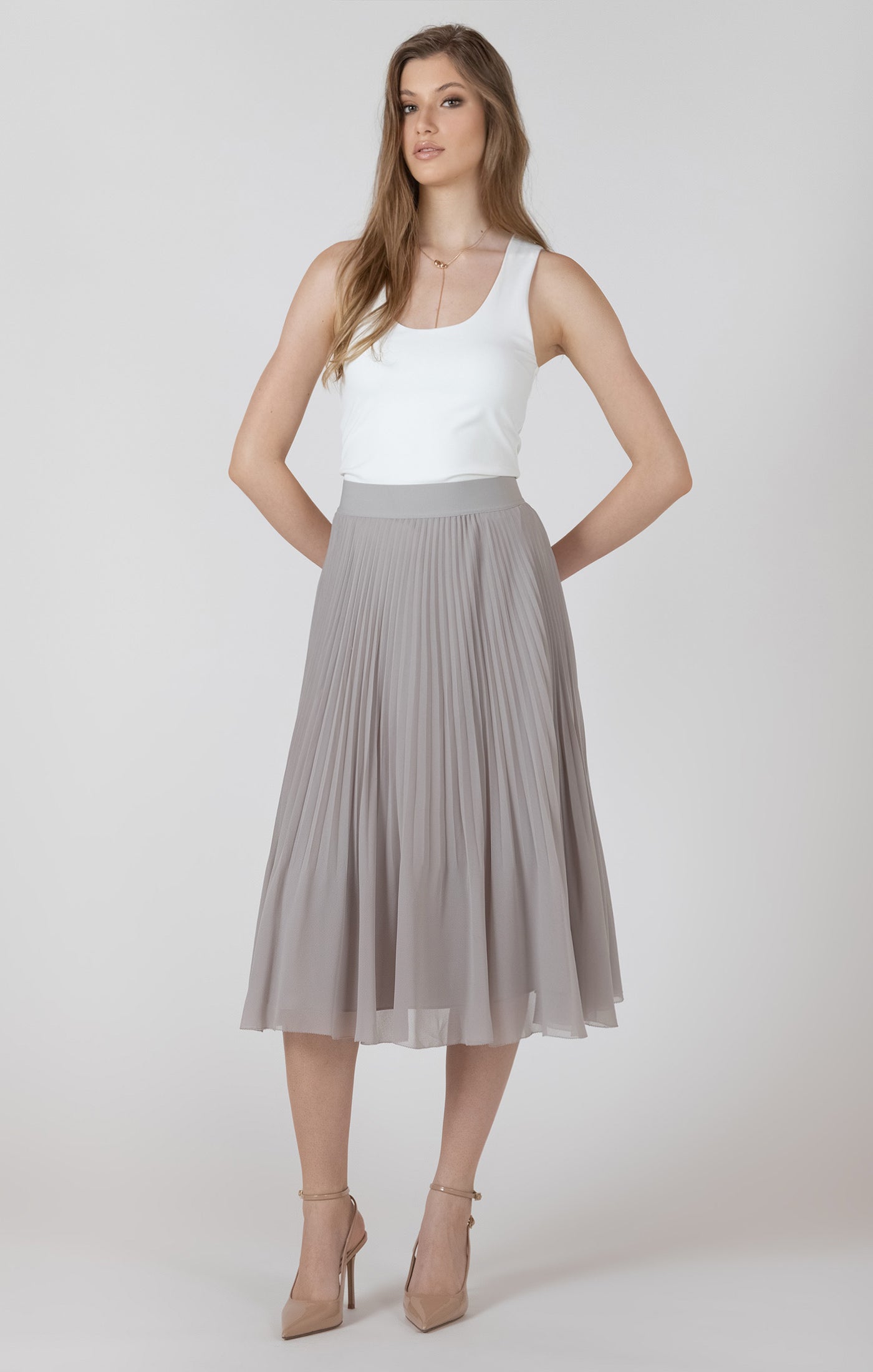Classic Pleated Midi Skirt (Soft Grey)