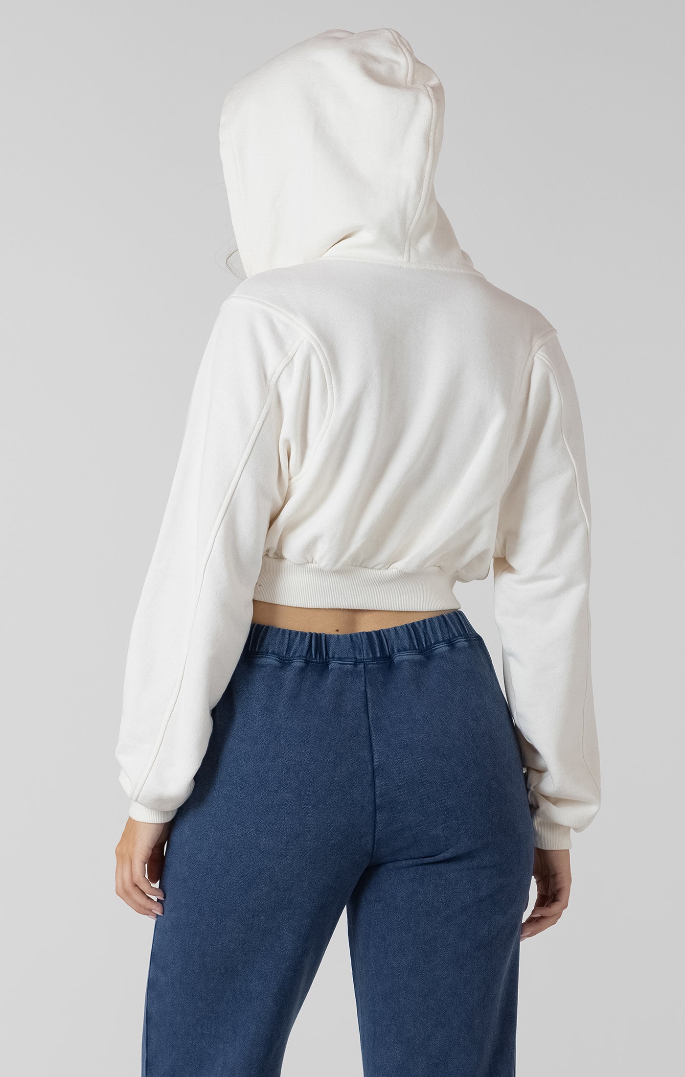 Back view Dex cropped zip-up hoodie in oatmeal with relaxed fit and soft fabric