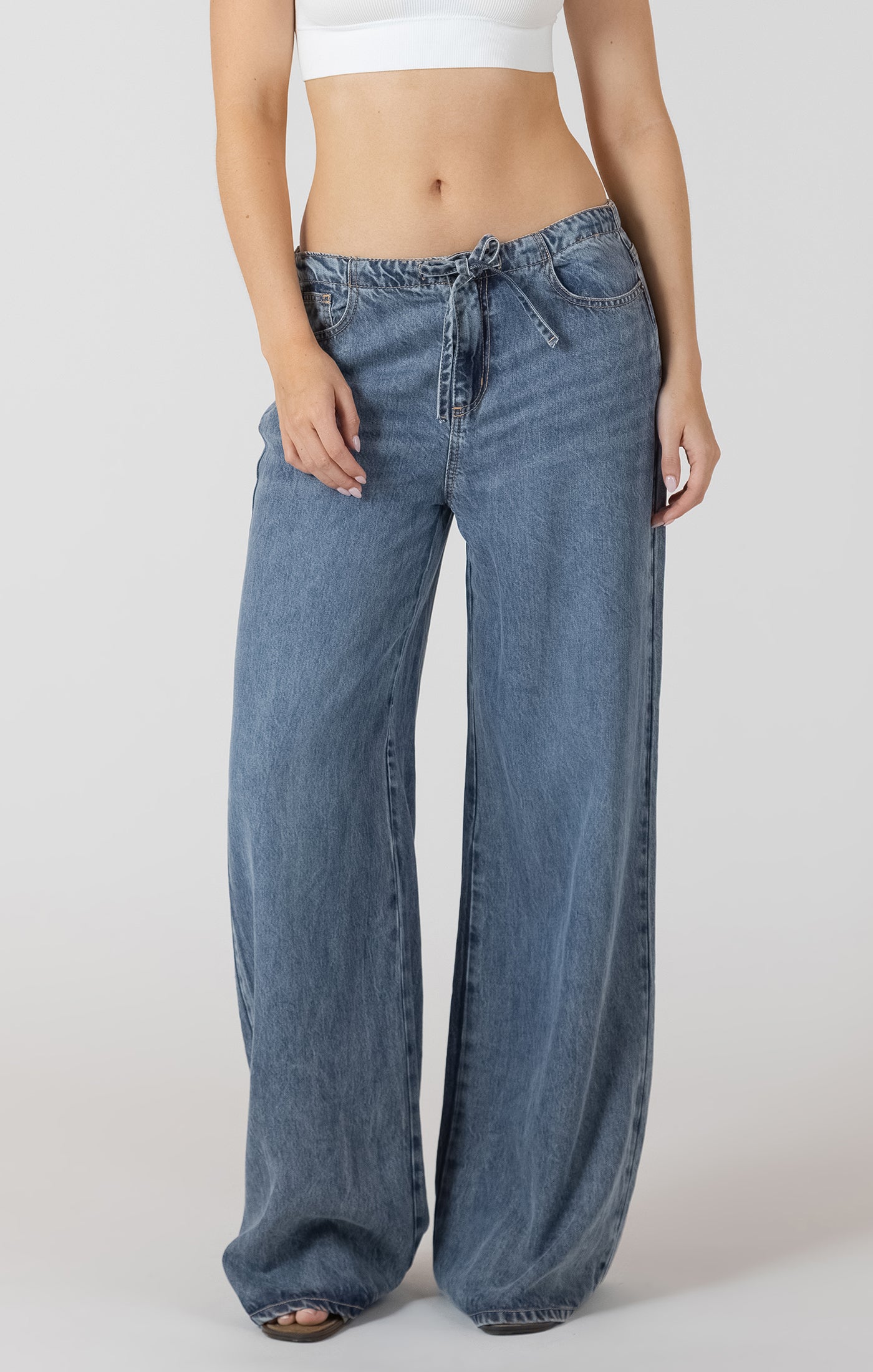 Dex wide leg drawstring pants in medium indigo lightweight Tencel fabric