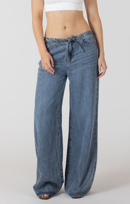 Dex wide leg drawstring pants in medium indigo lightweight Tencel fabric