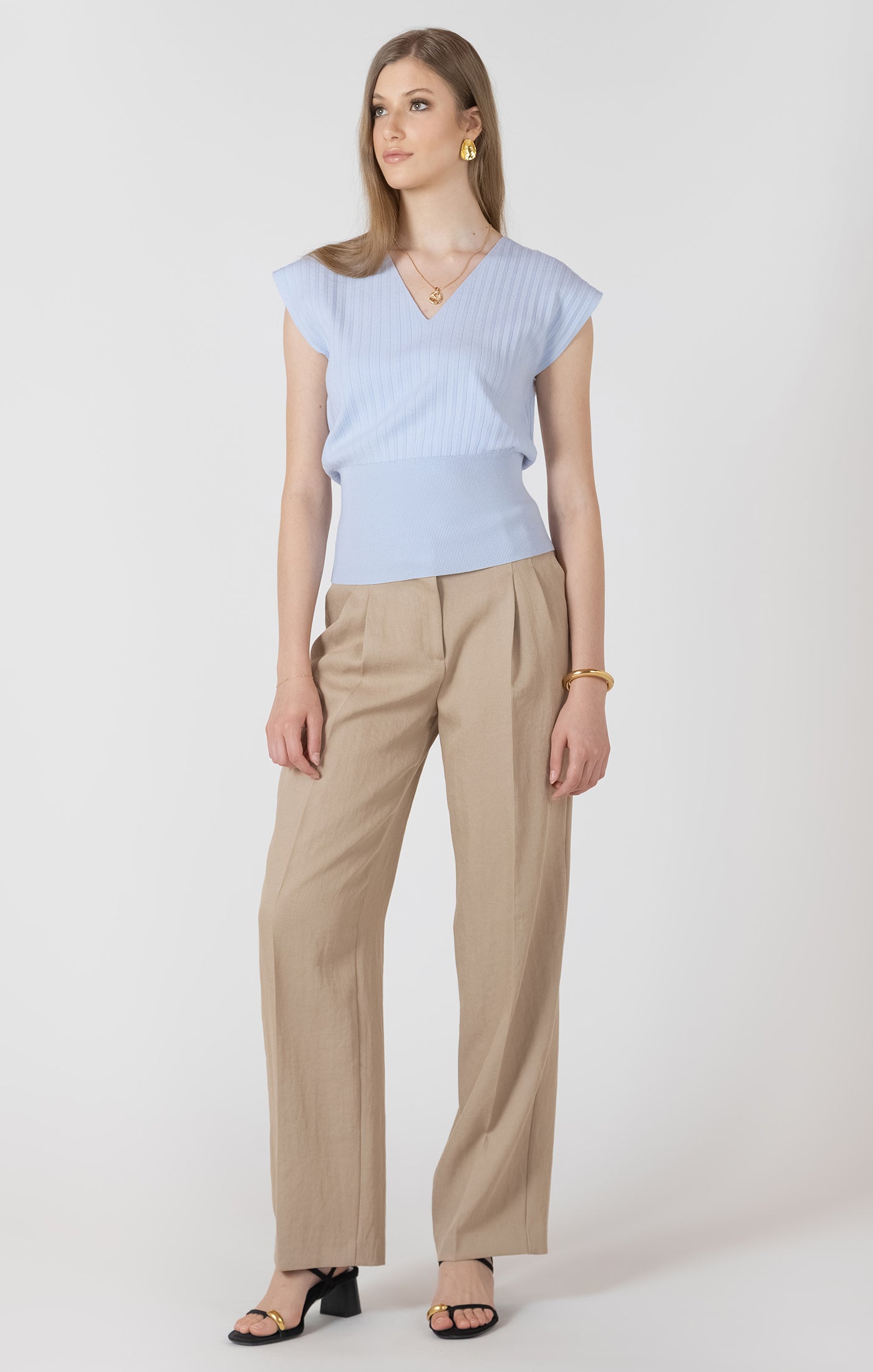 Pleated V-Neck Lightweight Sweater Tee