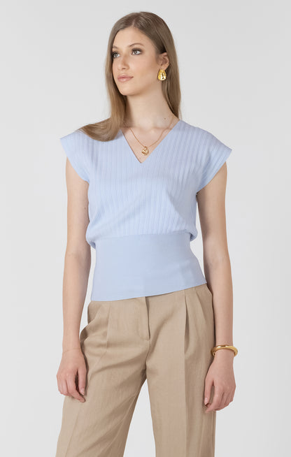 Pleated V-Neck Lightweight Sweater Tee