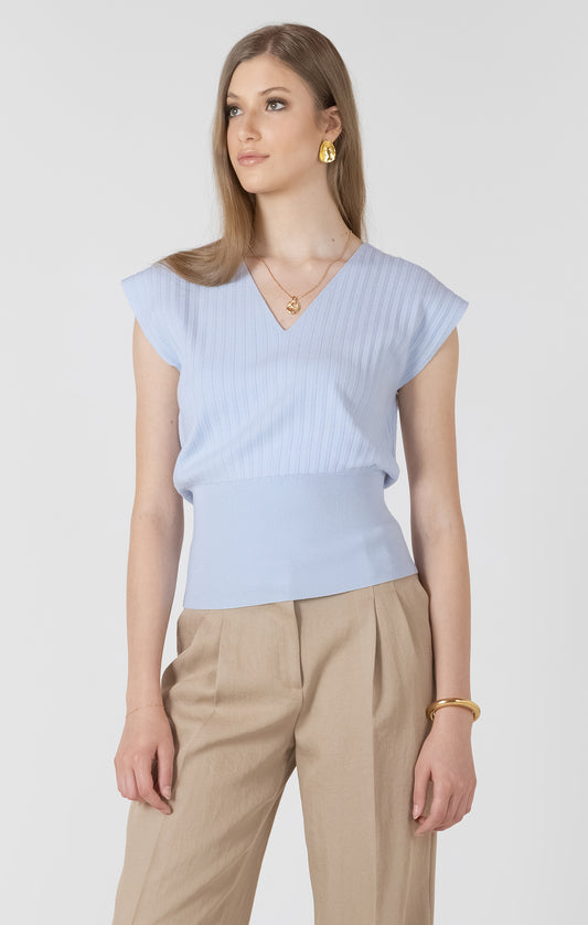 Pleated V-Neck Lightweight Sweater Tee