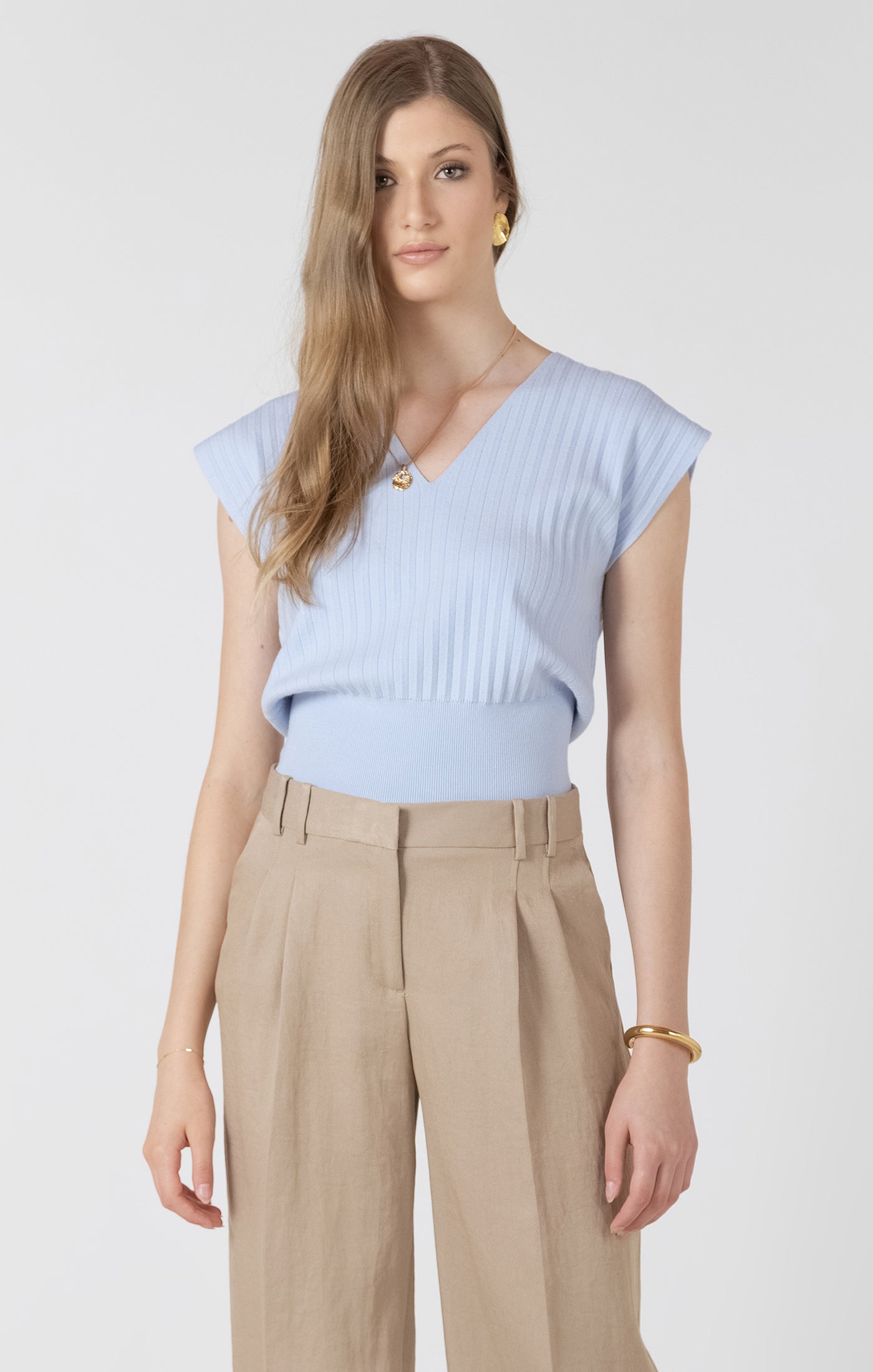 Pleated V-Neck Lightweight Sweater Tee