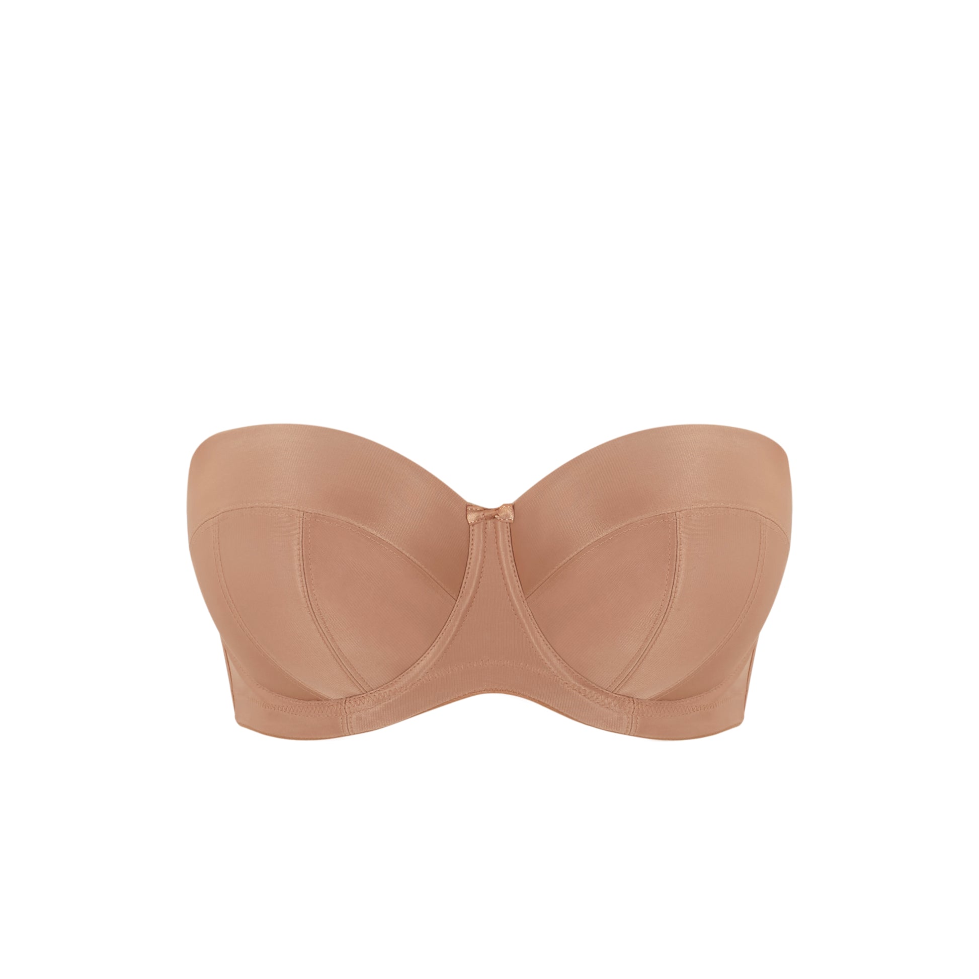 Beige strapless bra on a white background