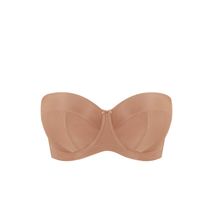 Beige strapless bra on a white background