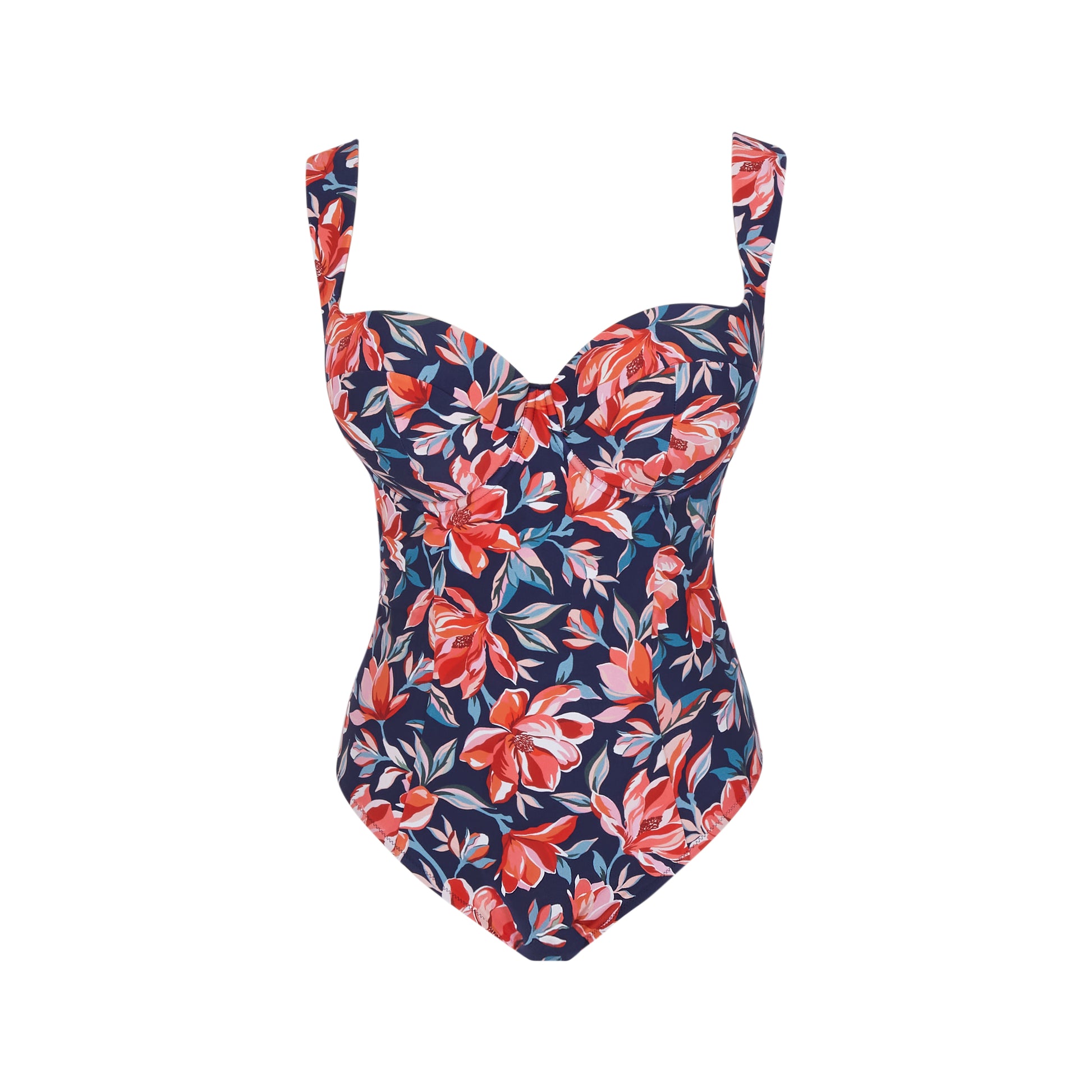 Front view of Monica balcony swimsuit in liliflora magnolia print supportive one piece for fuller bust