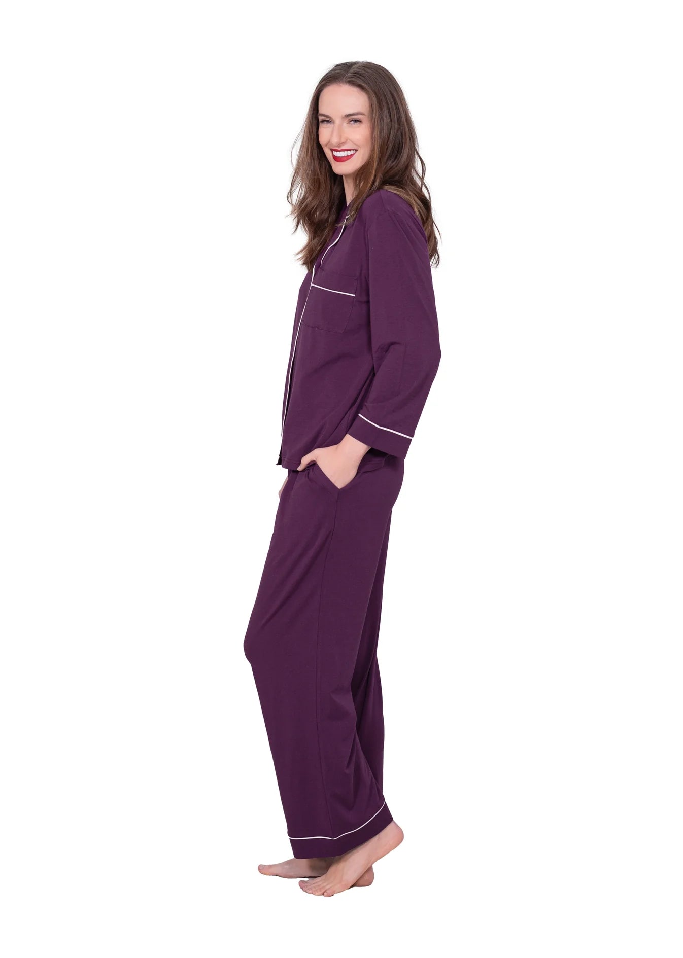 Long Sleeve Notch Collar Pajama Set with Contrast Piping