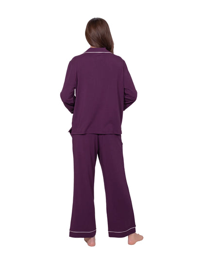 Long Sleeve Notch Collar Pajama Set with Contrast Piping