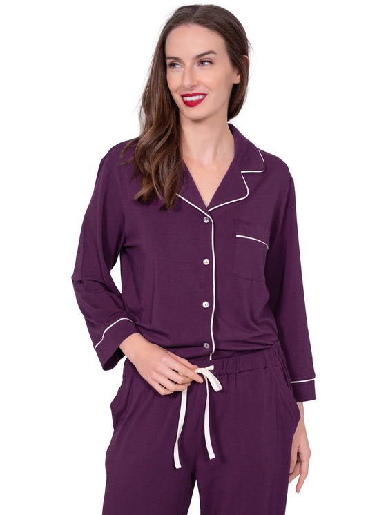 Long Sleeve Notch Collar Pajama Set with Contrast Piping