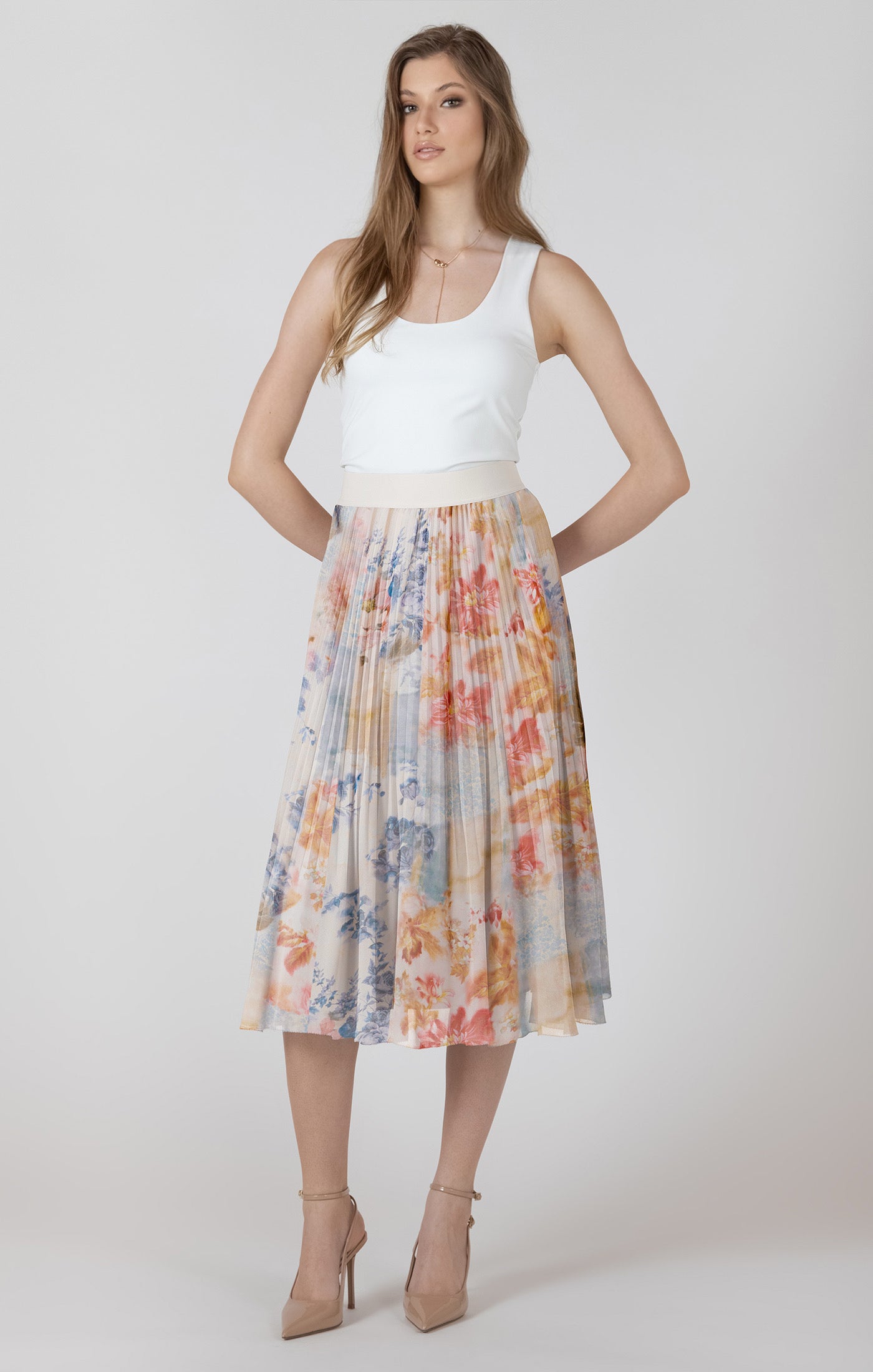 Watercolour Garden Pleated Midi Skirt