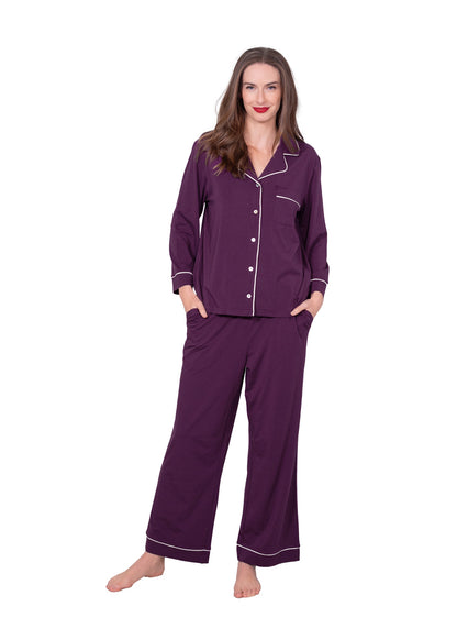 Long Sleeve Notch Collar Pajama Set with Contrast Piping