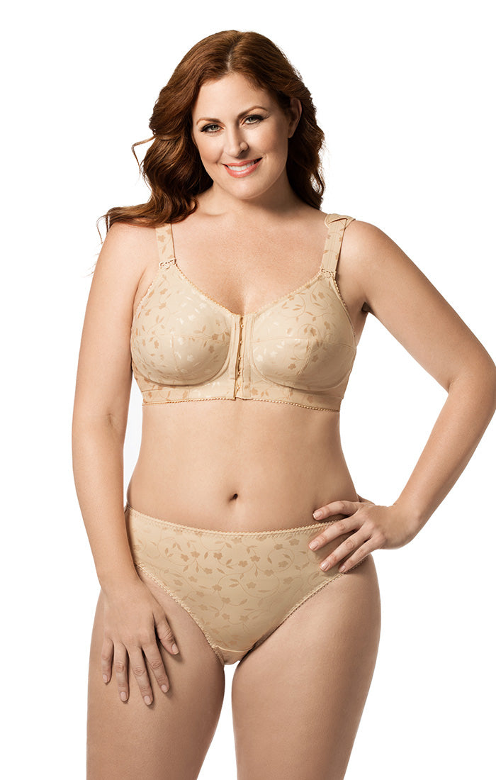 Front Close Jacquard Soft Cup Bra in Beige