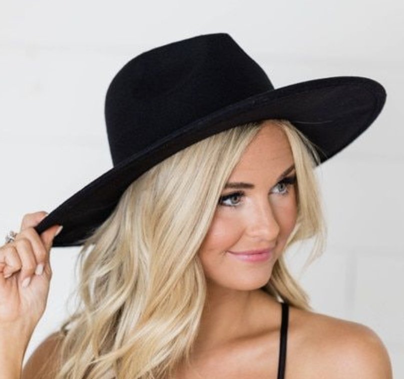 Wide Brim Felt Hat with Ribbon-Black - Pinned Up Bra Lounge